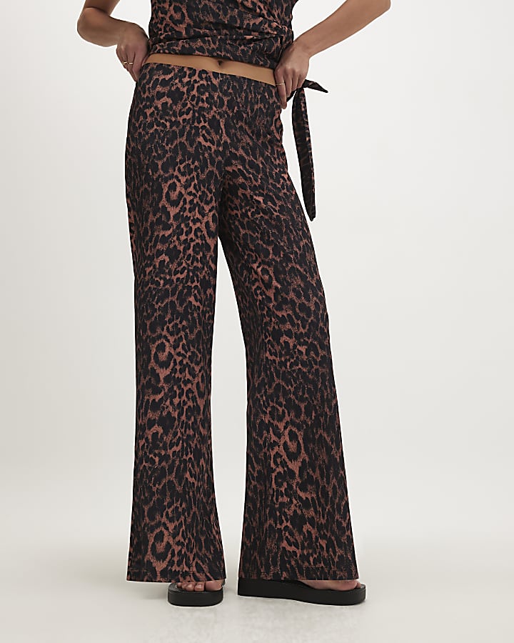 Brown Leopard Textured Wide Leg Trousers