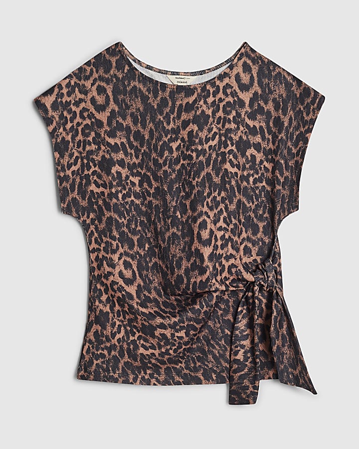 Brown Leopard Textured Tie Side Top