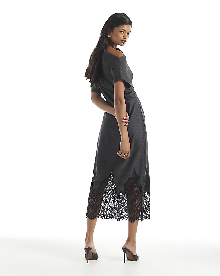 Grey Check Lace Trim Midi Dress