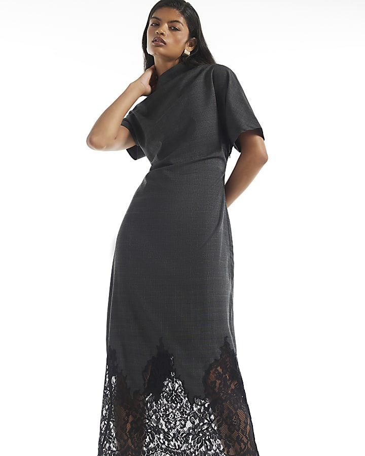 Grey Check Lace Trim Midi Dress