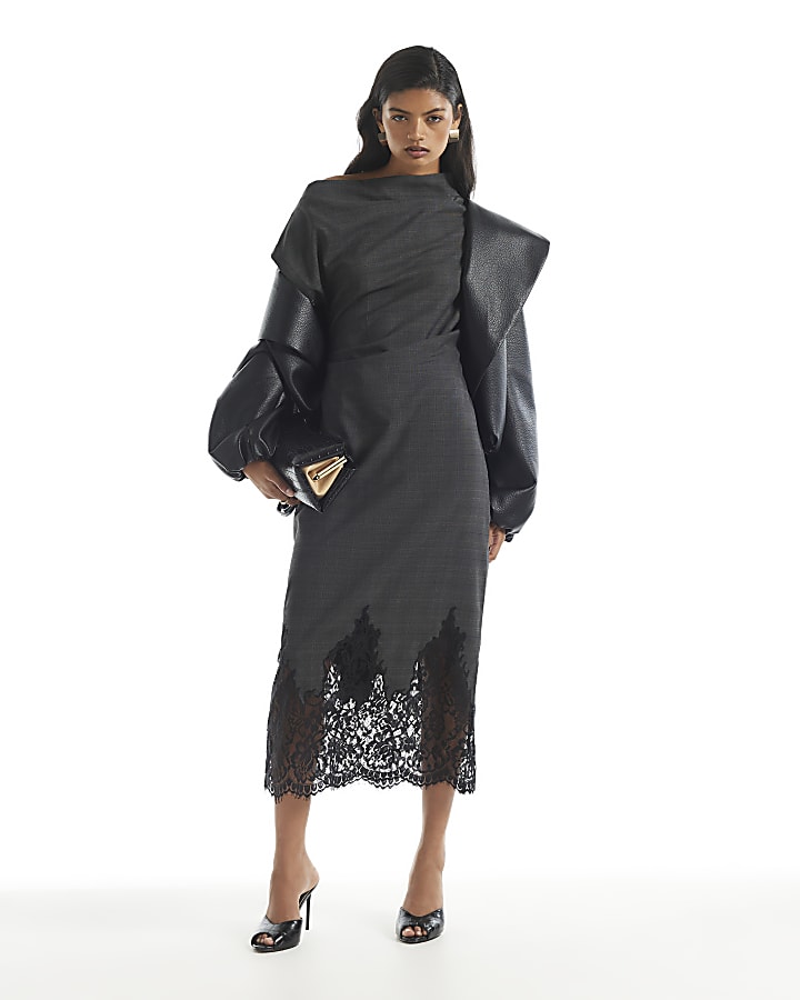 Grey Check Lace Trim Midi Dress