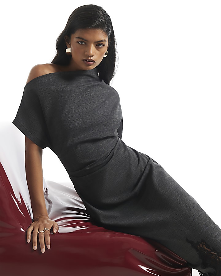 Grey Check Lace Trim Midi Dress