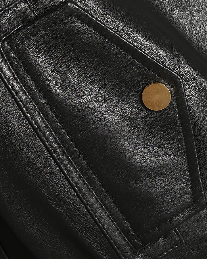 Black Leather Lip Detail Bomber Jacket