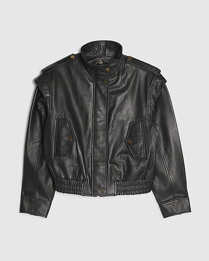 Black Leather Lip Detail Bomber Jacket