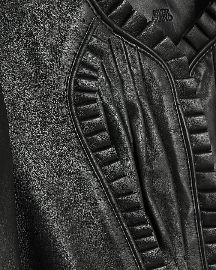 Black Leather Frill Detail Jacket