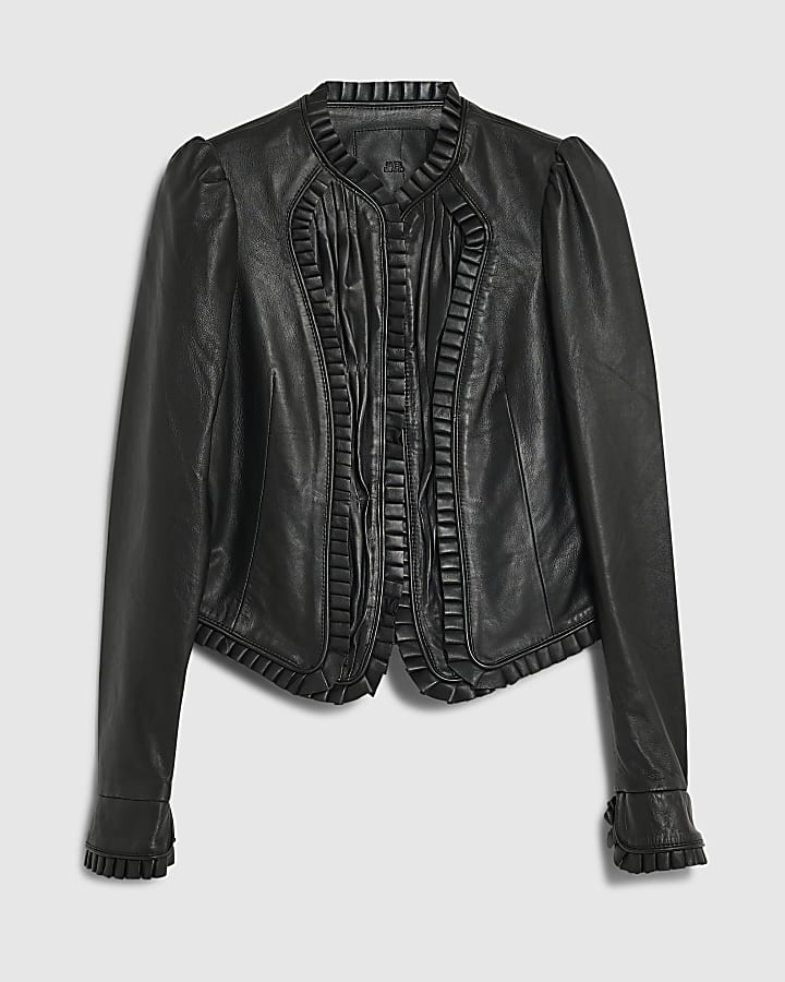 Black Leather Frill Detail Jacket