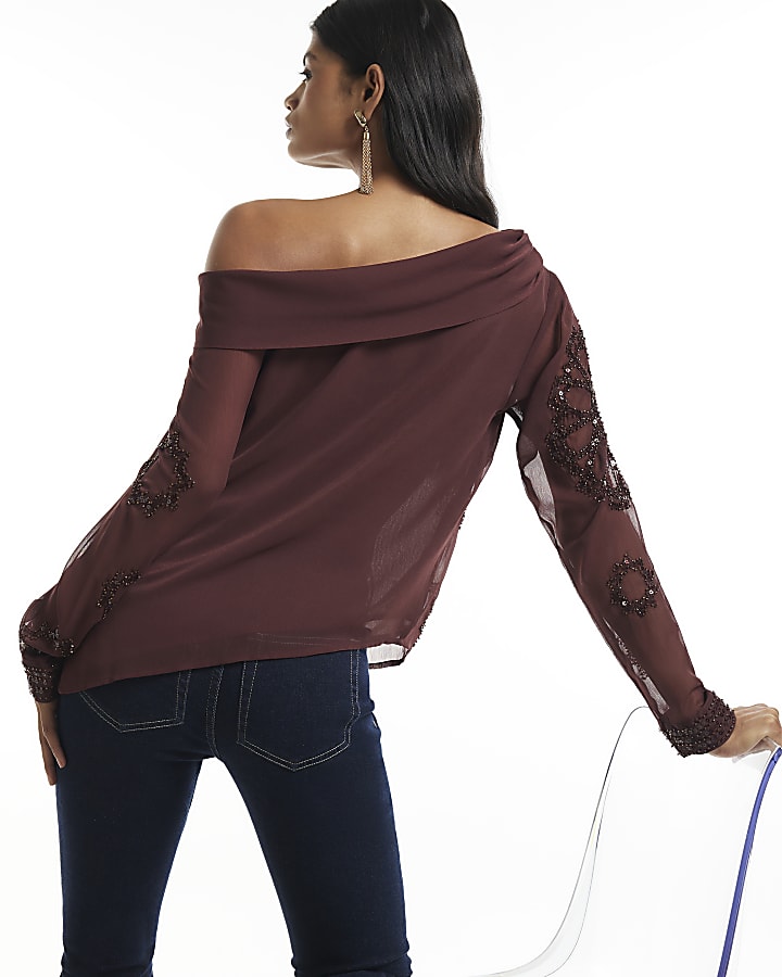 Red Long Sleeve Embellished Off Shoulder Top