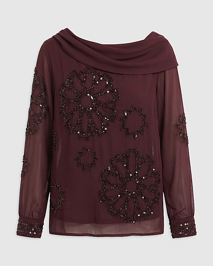 Red Long Sleeve Embellished Off Shoulder Top