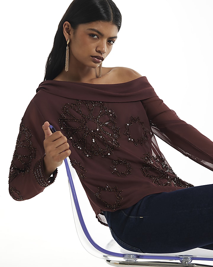Red Long Sleeve Embellished Off Shoulder Top