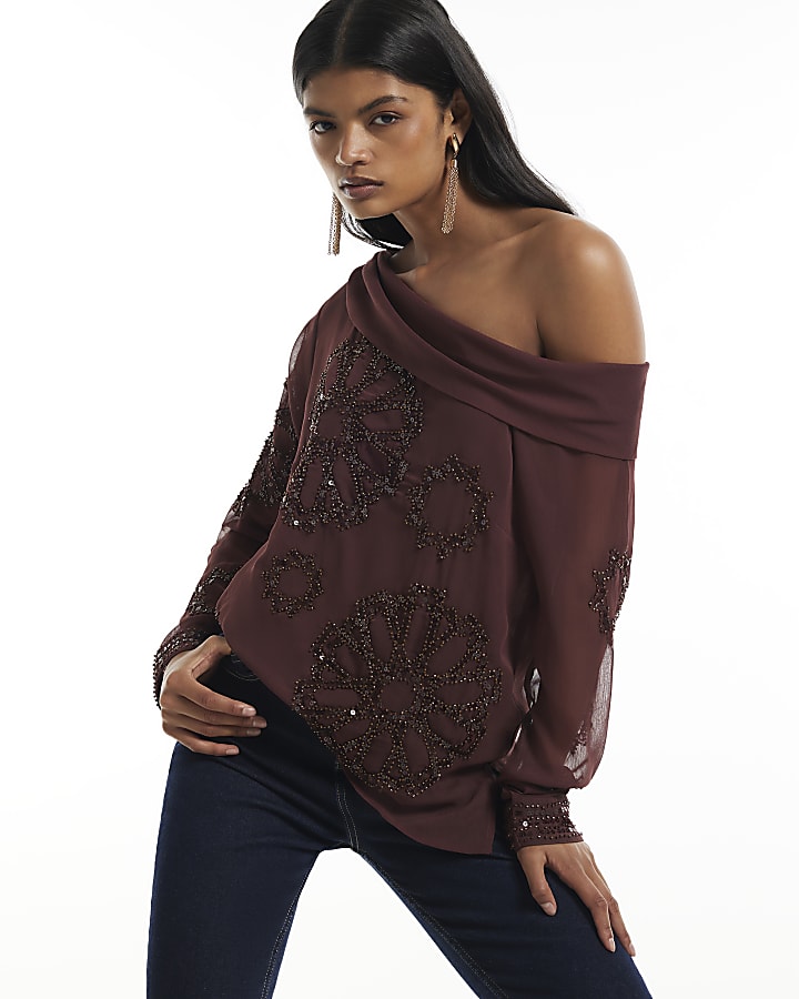 Red Long Sleeve Embellished Off Shoulder Top