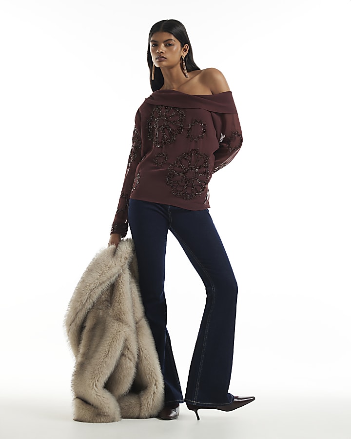 Red Long Sleeve Embellished Off Shoulder Top