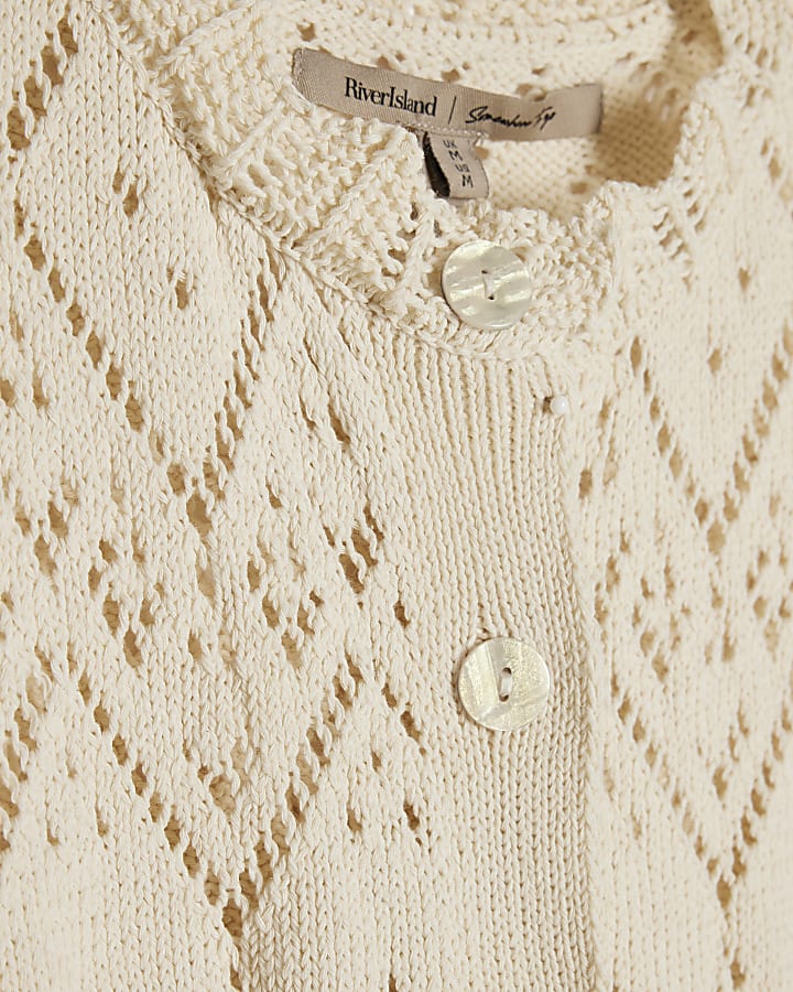 Cream Crochet Knit Style Peplum Hem Polo Top