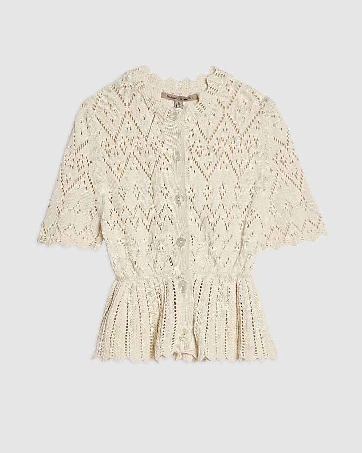 Cream Crochet Knit Style Peplum Hem Polo Top