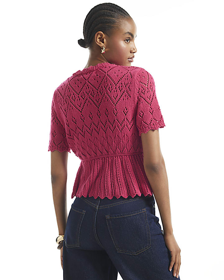 Pink Crochet Knit Style Peplum Hem Polo Top