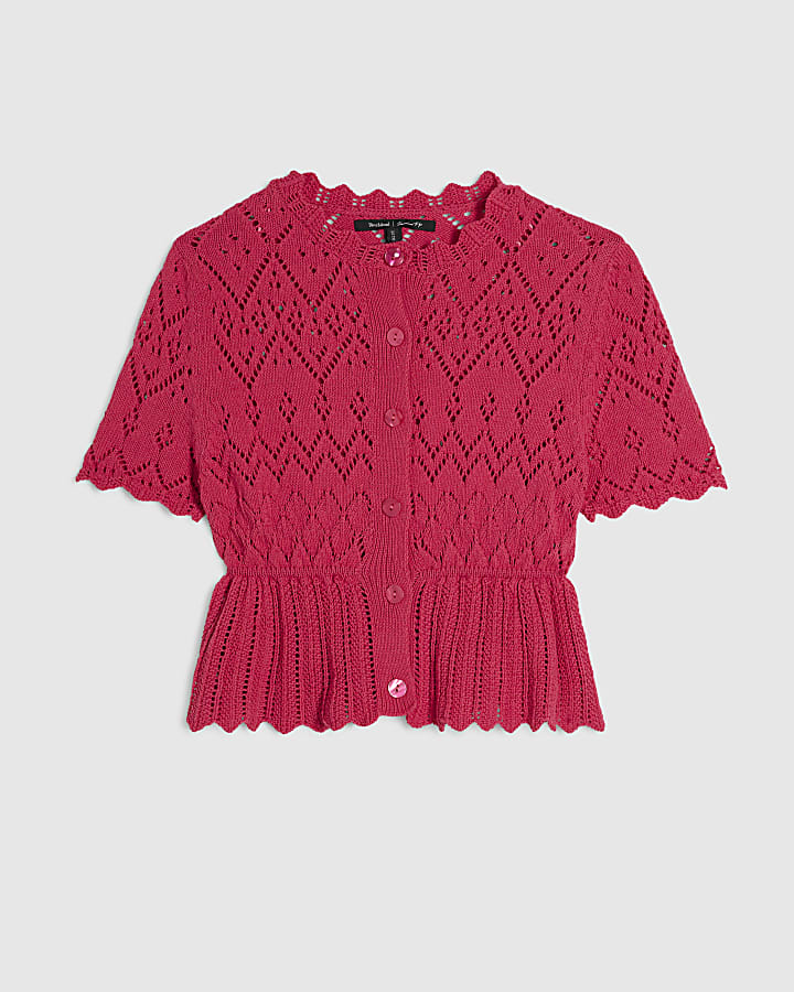 Pink Crochet Knit Style Peplum Hem Polo Top