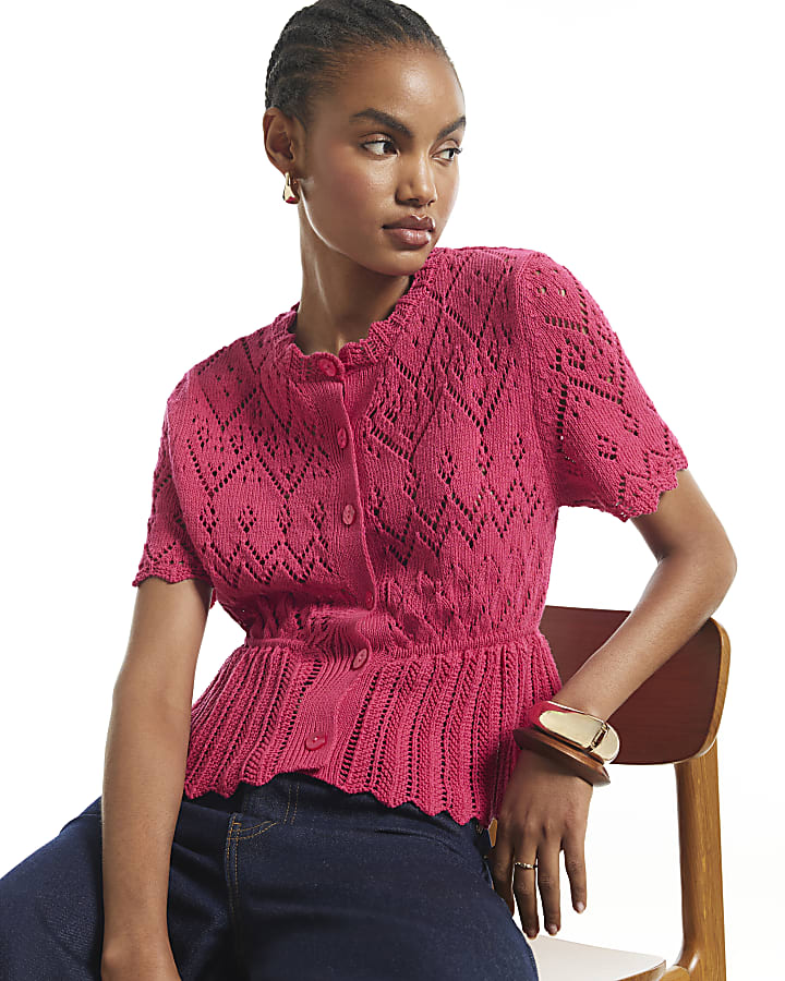 Pink Crochet Knit Style Peplum Hem Polo Top