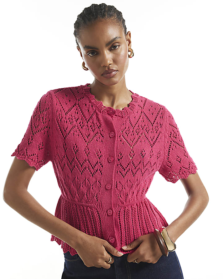 Pink Crochet Knit Style Peplum Hem Polo Top