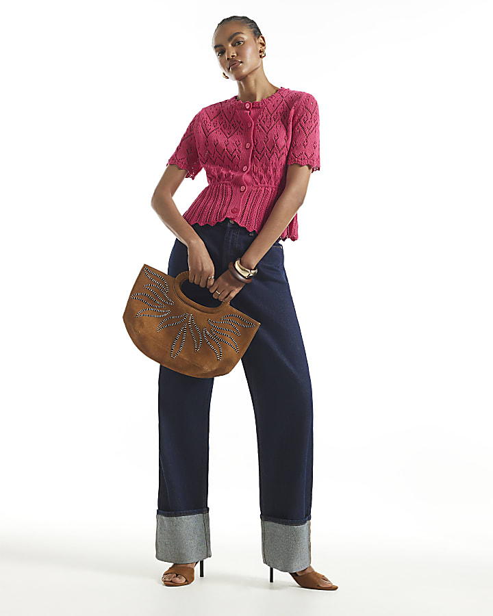 Pink Crochet Knit Style Peplum Hem Polo Top