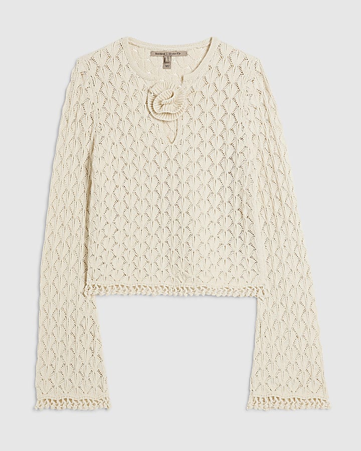 Cream Crochet Floral Corsage Top