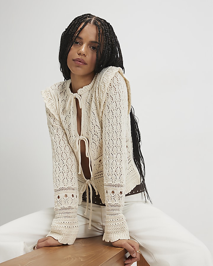 Cream Tie Up Crochet Cardigan