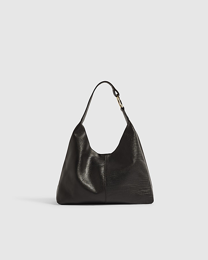 Black Crocodile Print Leather Mix Slouch Bag