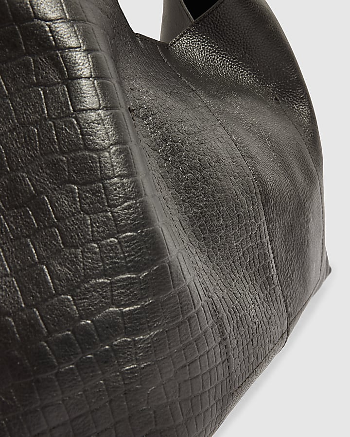 Black Crocodile Print Leather Mix Slouch Bag