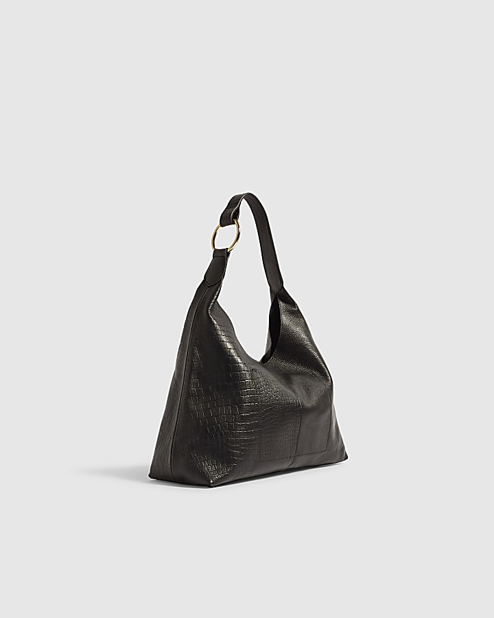 Black Crocodile Print Leather Mix Slouch Bag