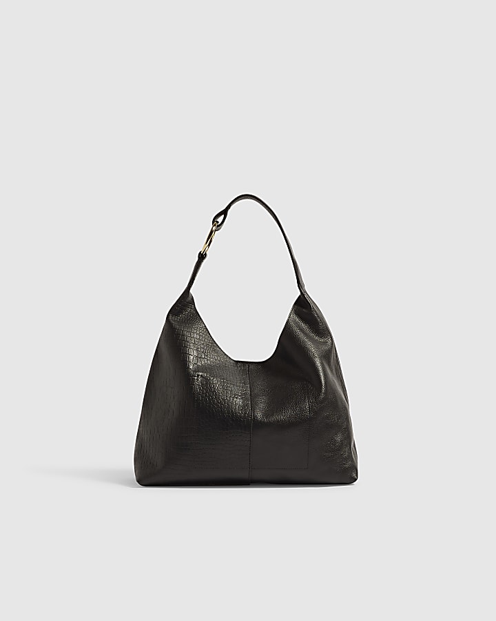 Black Crocodile Print Leather Mix Slouch Bag