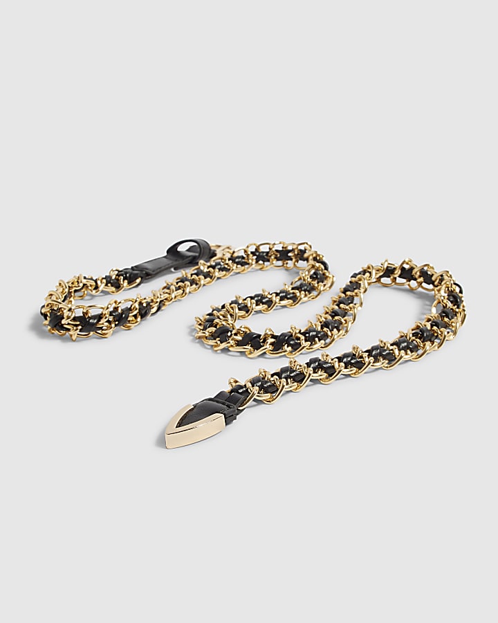 Black Faux Leather Skinny Chain Belt