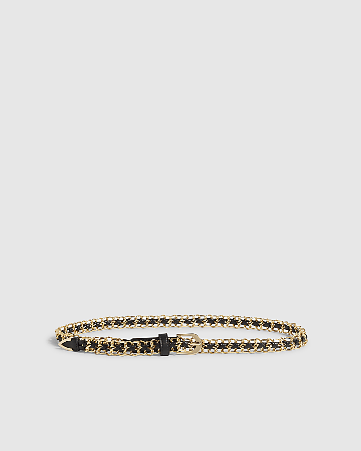 Black Faux Leather Skinny Chain Belt