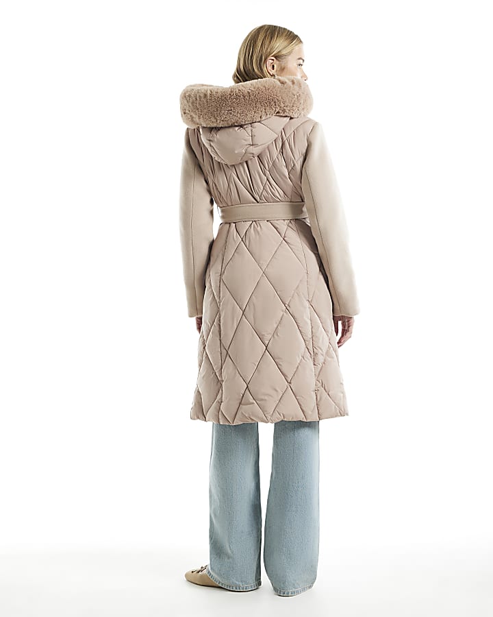 Beige Puffer Hybrid Faux Fur Trim Coat