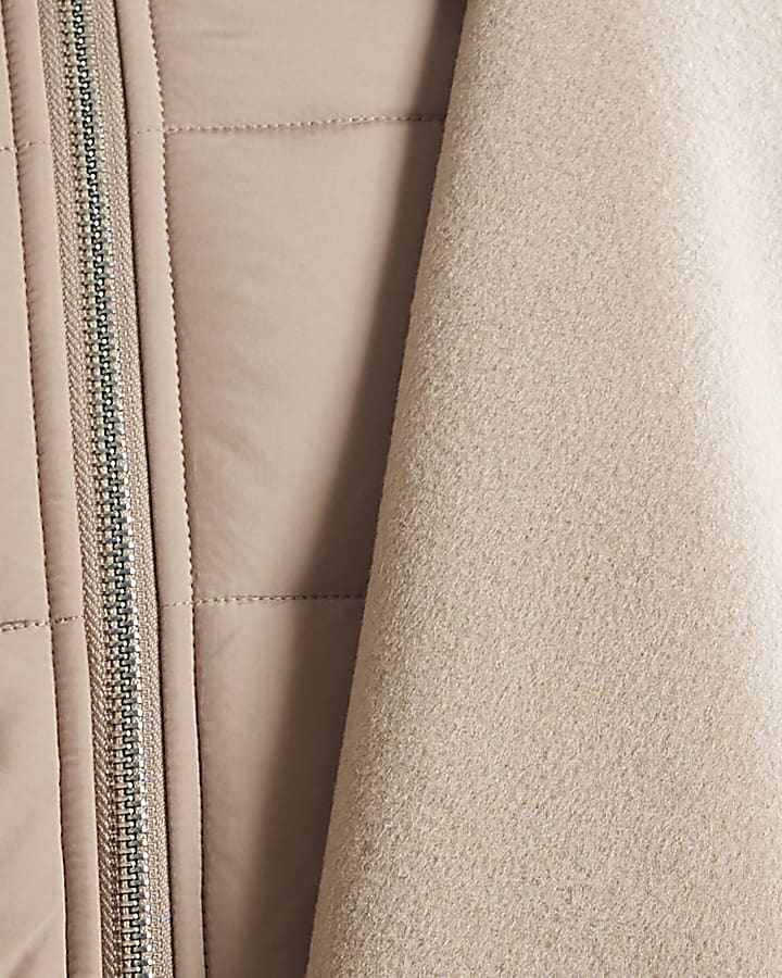 Beige Puffer Hybrid Faux Fur Trim Coat