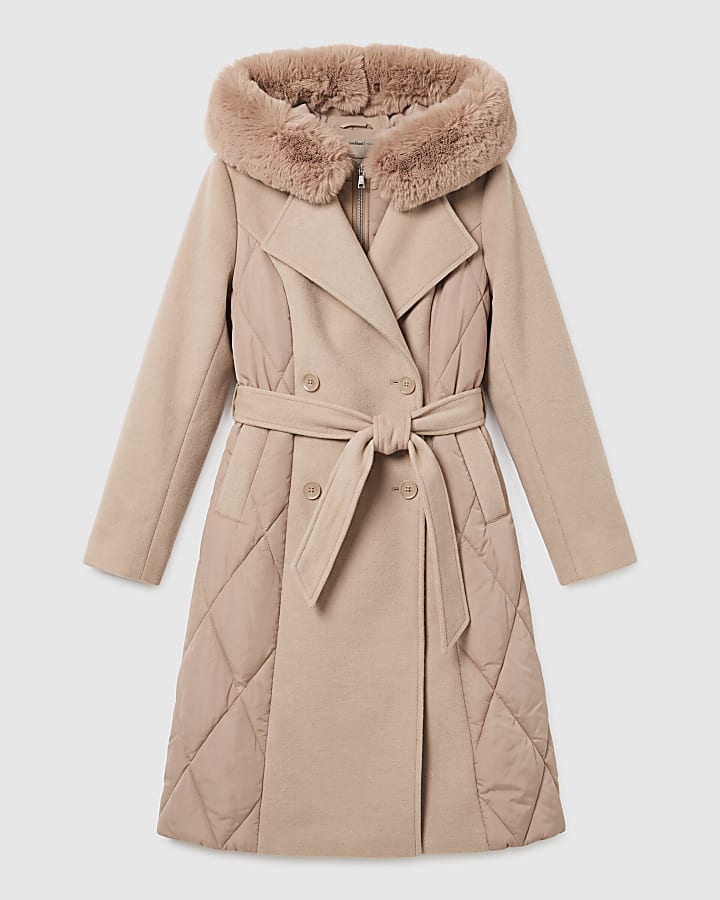 Beige Puffer Hybrid Faux Fur Trim Coat