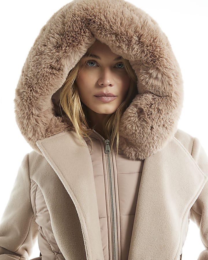 Beige Puffer Hybrid Faux Fur Trim Coat