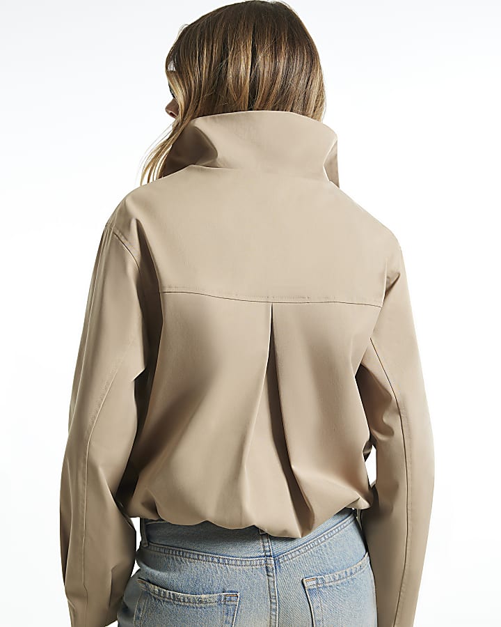 Beige Button Detail Cropped Trench Coat