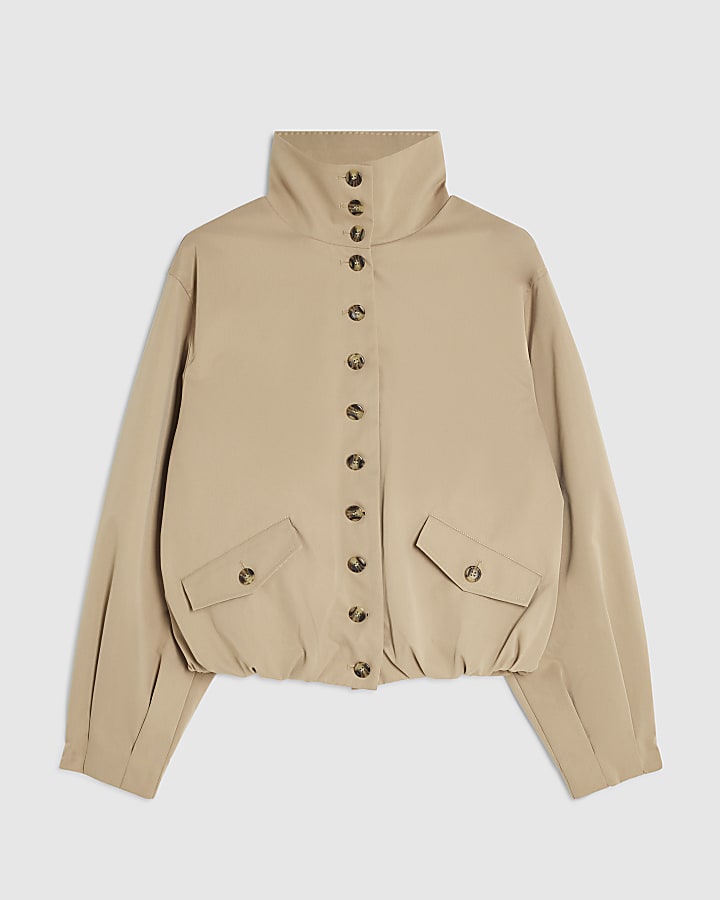 Beige Button Detail Cropped Trench Coat