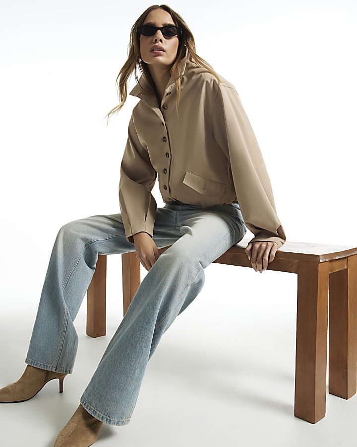 Beige Button Detail Cropped Trench Coat