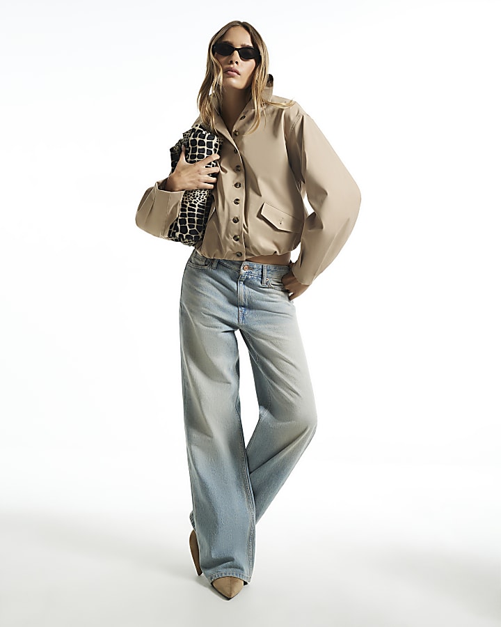 Beige Button Detail Cropped Trench Coat