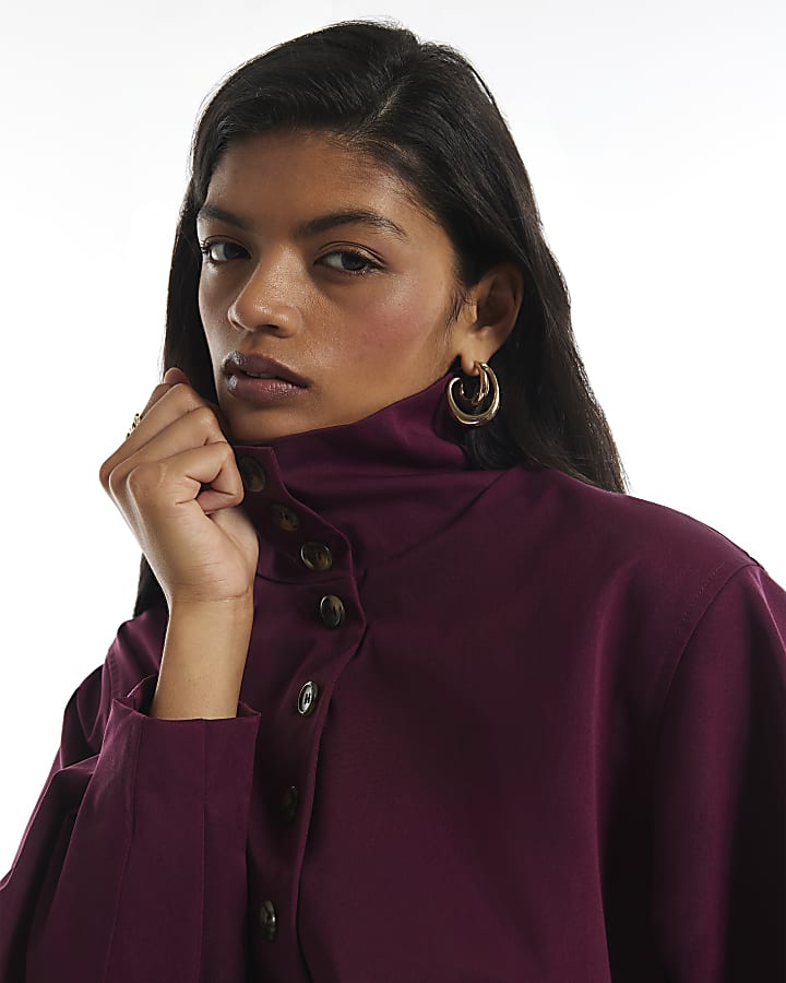 Burgundy Button Detail Crop Trench Coat
