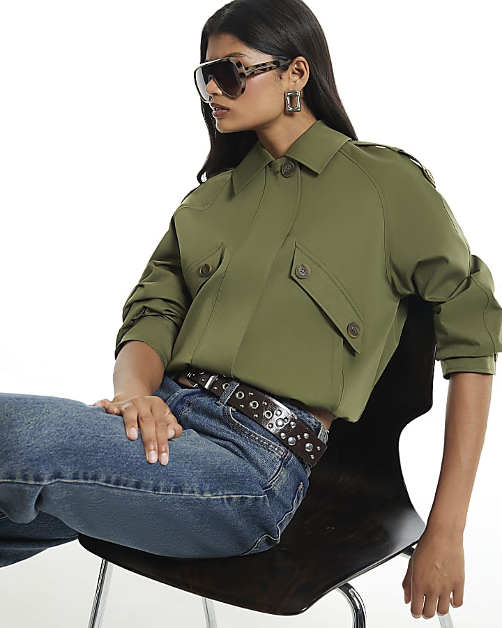 Khaki Funnel Neck Bomber Jacket