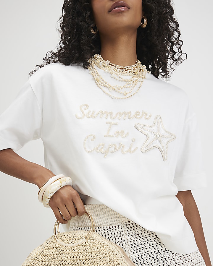 White Cotton Summer In Capri Boxy T-Shirt