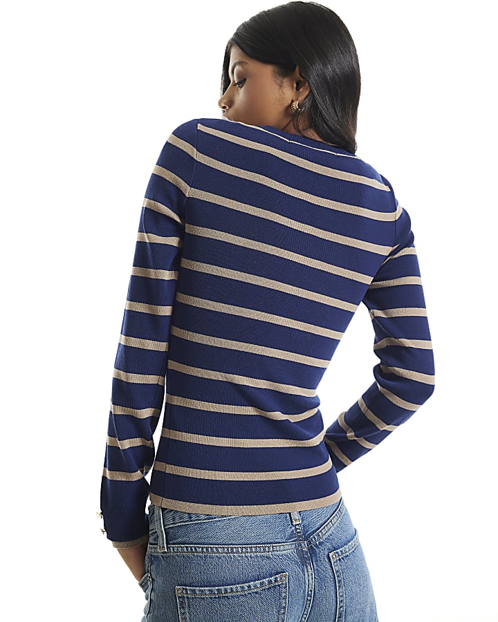 Navy Ribbed Knit Layered Cuff Top