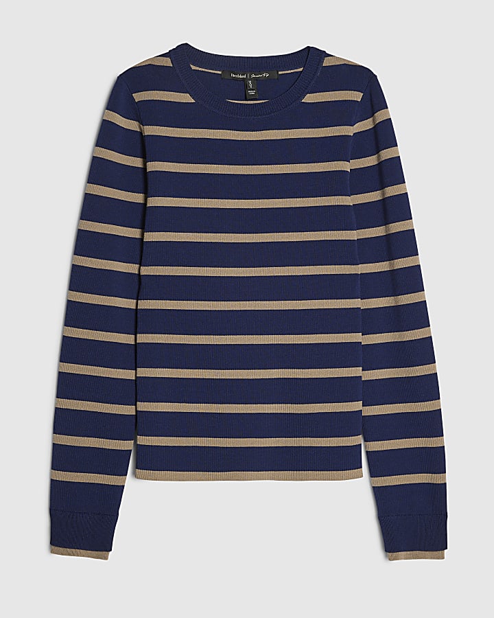 Navy Ribbed Knit Layered Cuff Top