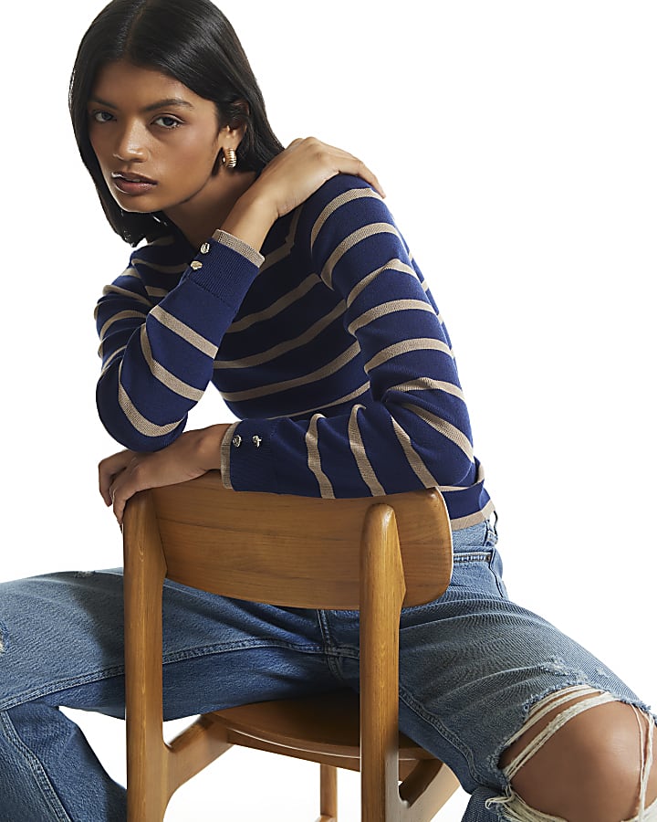 Navy Ribbed Knit Layered Cuff Top