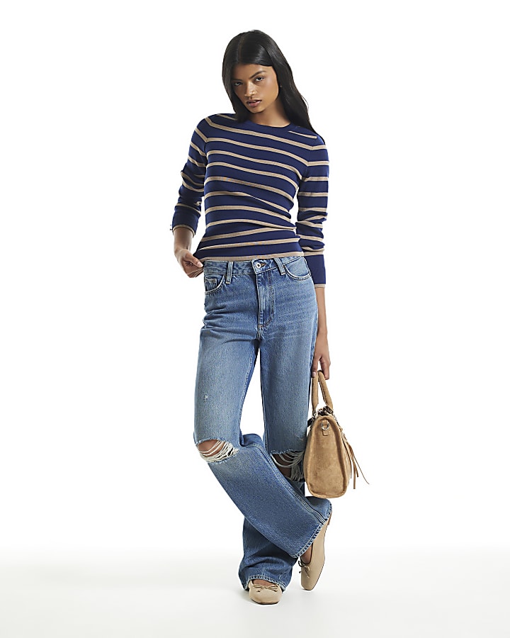 Navy Ribbed Knit Layered Cuff Top