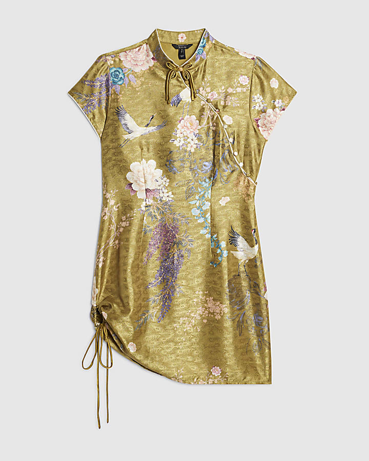 Green Jacquard Floral Satin Mini Dress