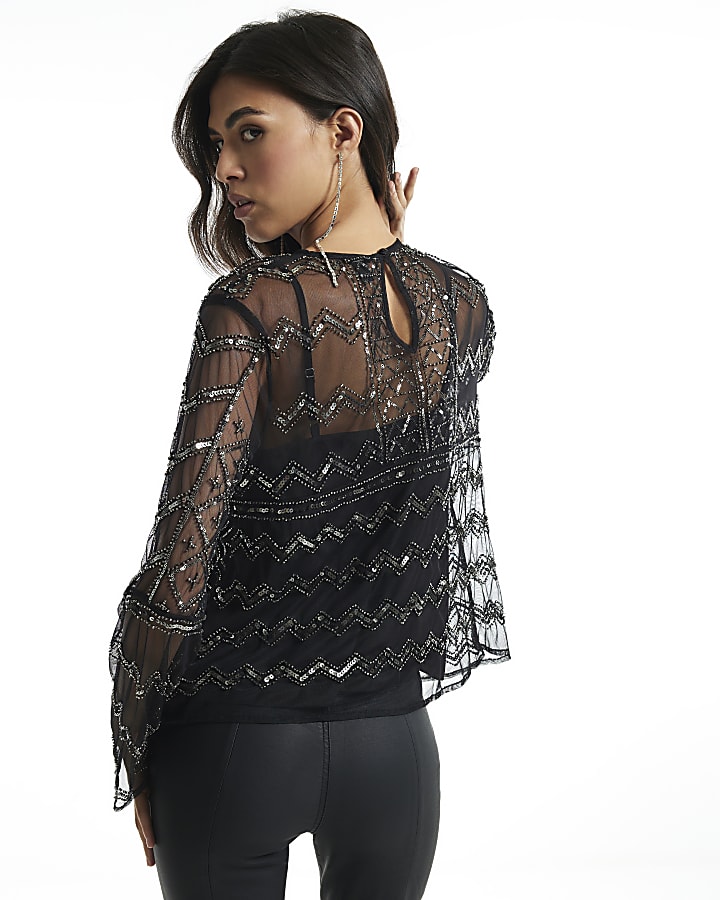 Black Long Sleeve Embellished Mesh Top
