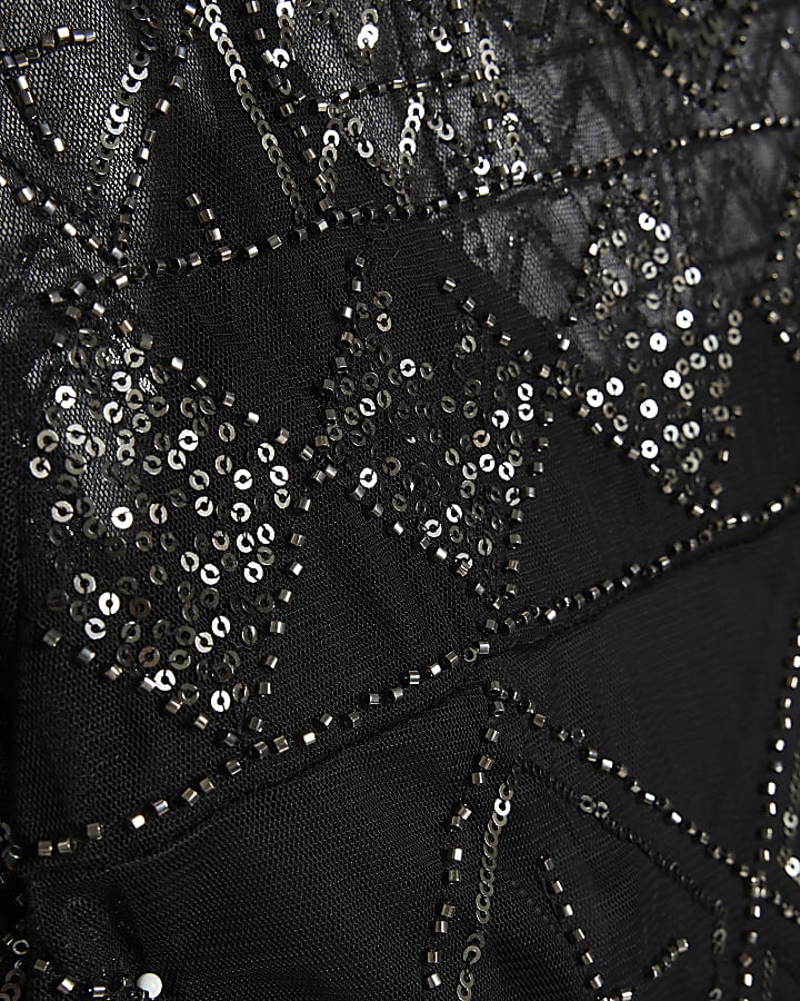 Black Long Sleeve Embellished Mesh Top