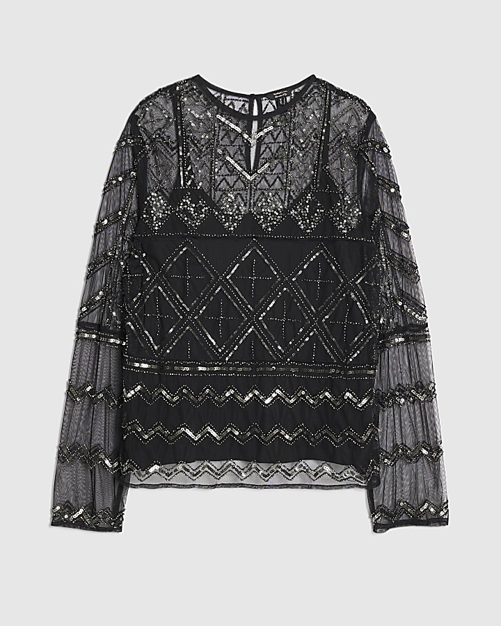 Black Long Sleeve Embellished Mesh Top