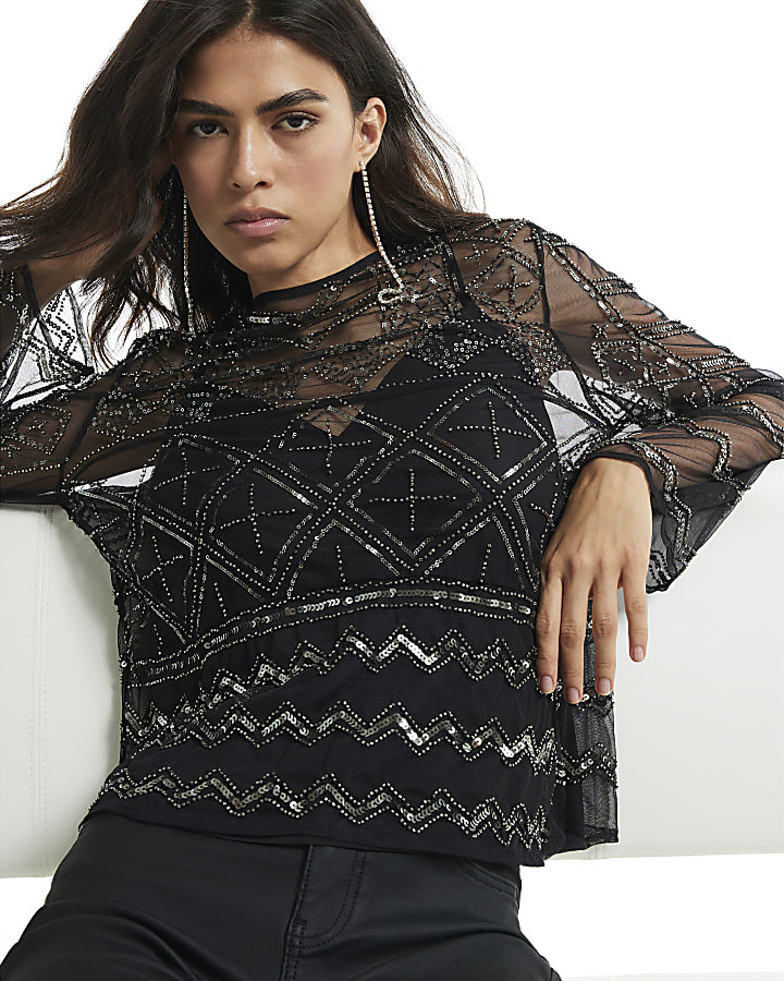 Black Long Sleeve Embellished Mesh Top